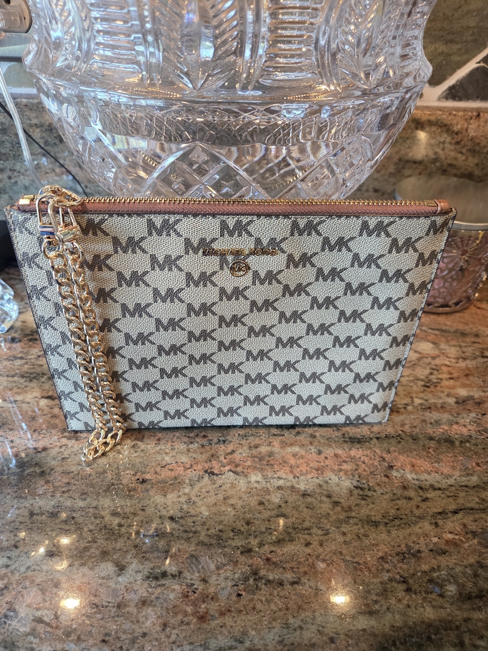Michael Kors Beige Logo Chain Wristlet with Gold Hardware